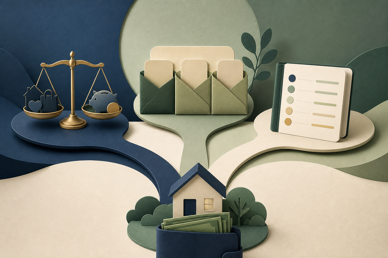 One household cash flow branching into a balance scale, three budgeting envelopes, and a flexible category ledger