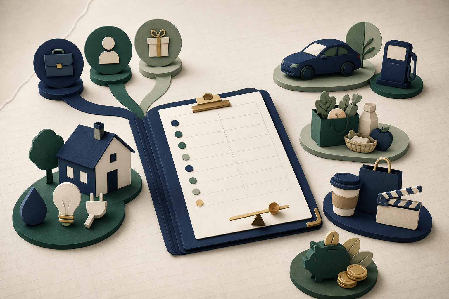 Editorial household budget scene with income tiles arranged across essential costs, flexible spending, and savings jars